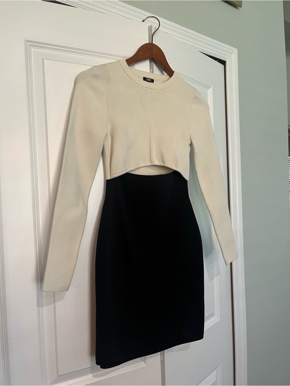 Express Body Contour Cream and Black Two-Tone Long Sleeve Cutout Dress